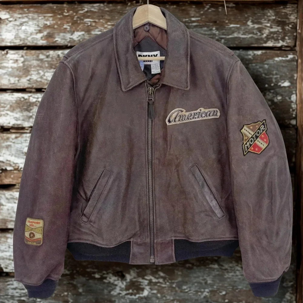 DKNY Jeans Vintage Leather Bomber Jacket Brown American Motor Patches Sz S
